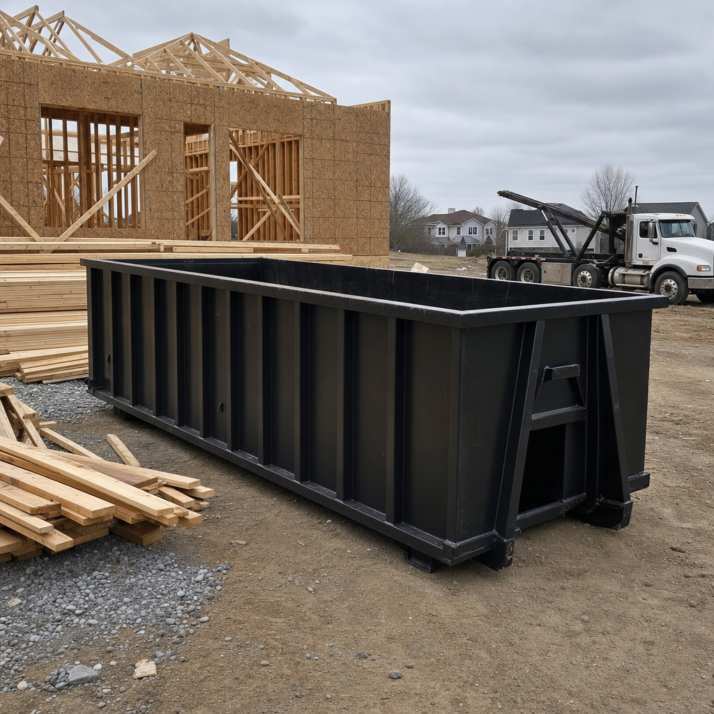 Matte-black 40-yard roll-off dumpster staged on a framed-out residential construction site in Littlerock, framing lumber stacked nearby, hooklift delivery truck visible in the background under bright Colorado daylight