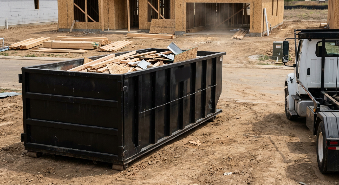Matte-black 20-yard roll-off construction dumpster with heavy ribbed steel sidewalls and swing rear doors at a working jobsite in Littlerock, sitting directly on compacted dirt with an unmarked white hauler partially visible at the far edge of the frame.