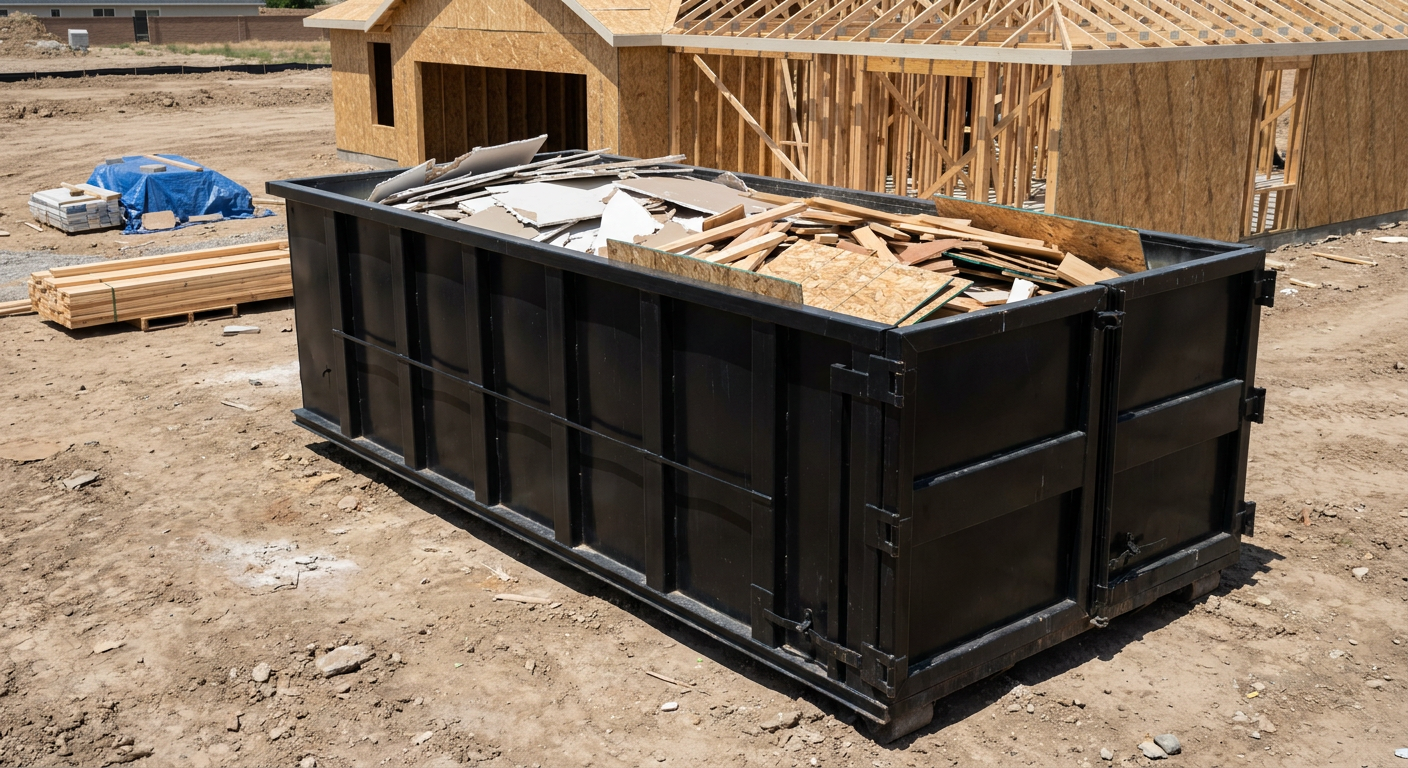 Matte-black 30-yard roll-off construction dumpster sitting directly on the compacted-dirt site of a framed single-family home build in Littlerock, drywall and lumber scrap loaded inside.