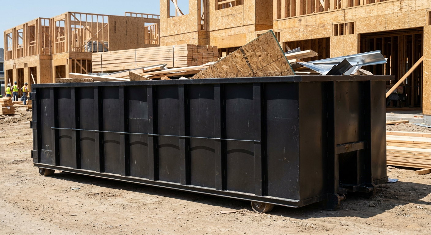 Matte-black 40-yard roll-off construction dumpster being lowered from a white-cab hooklift delivery truck onto the compacted-dirt jobsite at a commercial build site in Littlerock