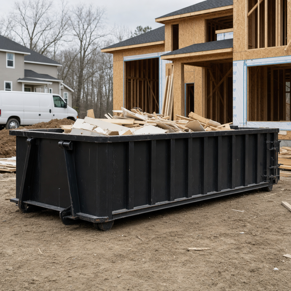 Worker in a yellow high-visibility vest tossing framing lumber and broken drywall into a matte-black 30-yard construction roll-off dumpster on an active build site in Littlerock, bright daylight