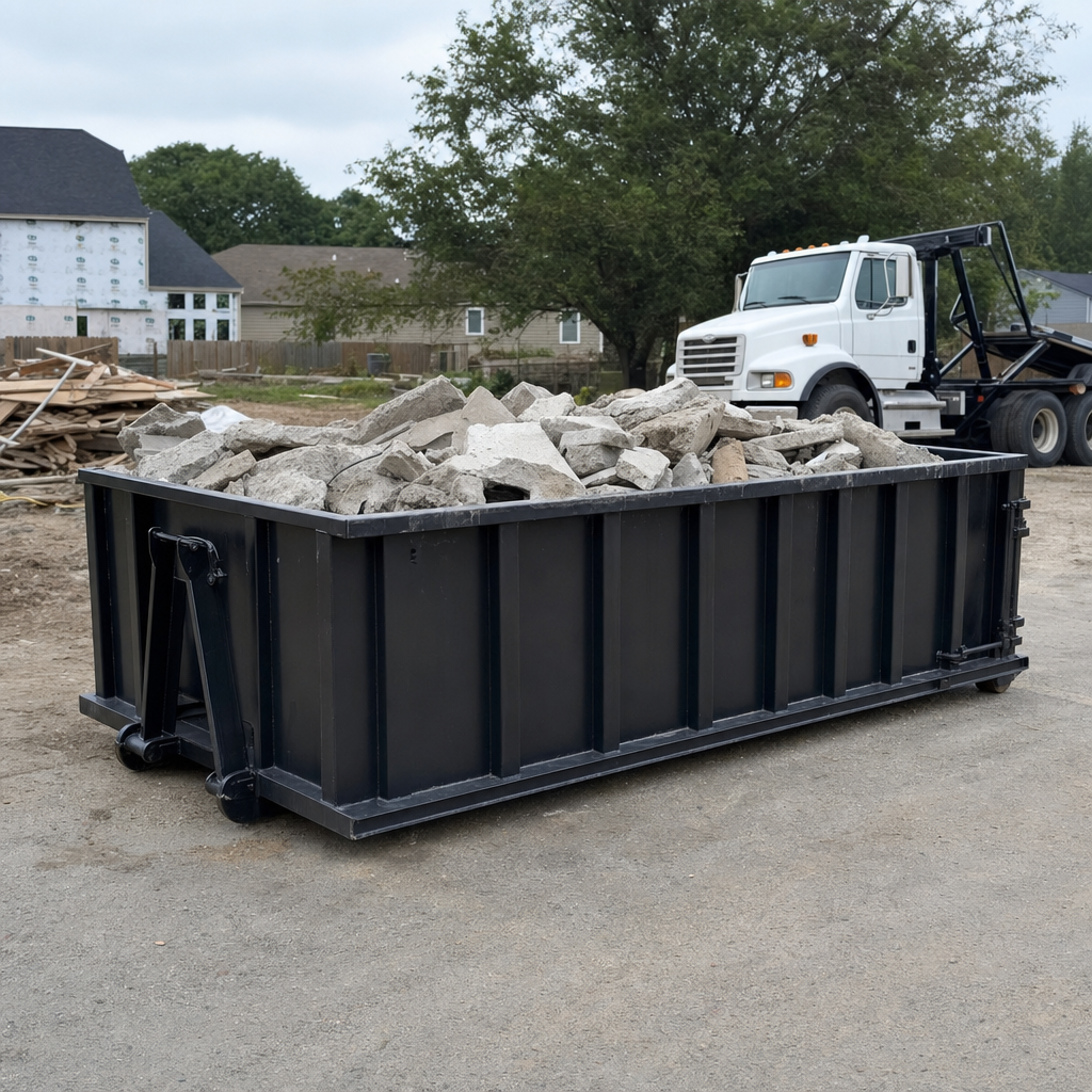 Low-profile matte-black lowboy roll-off dumpster loaded with broken concrete slab and rebar at a foundation tear-out in Littlerock, skid steer parked beside it, sunny Colorado morning