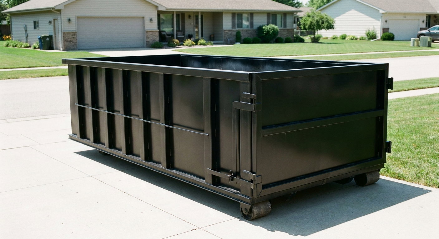 Matte-black 10-yard roll-off dumpster on a residential concrete driveway in Littlerock, uniformly painted matte black across every panel and rail, ribbed steel sidewalls and rear swing door visible, mid-day daylight.