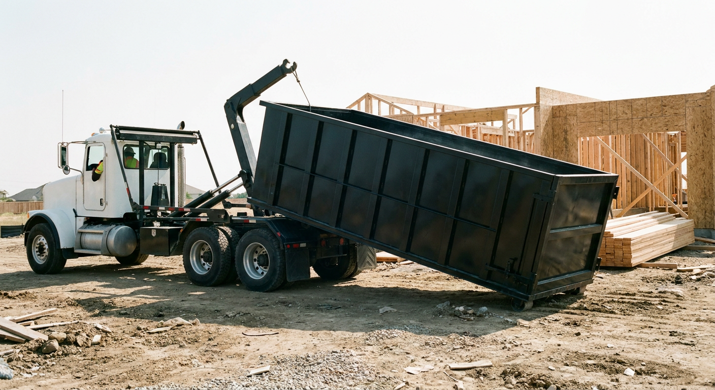 Matte-black roll-off dumpster being delivered onto a clean residential concrete driveway in Littlerock by an unmarked white hooklift hauler truck, bright morning daylight, documentary 35mm perspective.