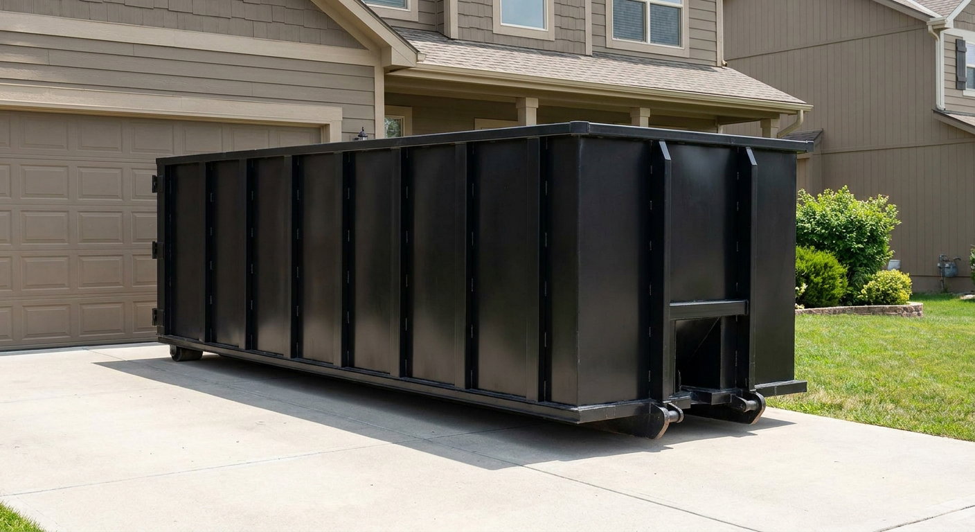 Matte-black residential roll-off dumpster sitting directly on a suburban Littlerock concrete driveway, garage door closed, single-family home in background, bright morning daylight.