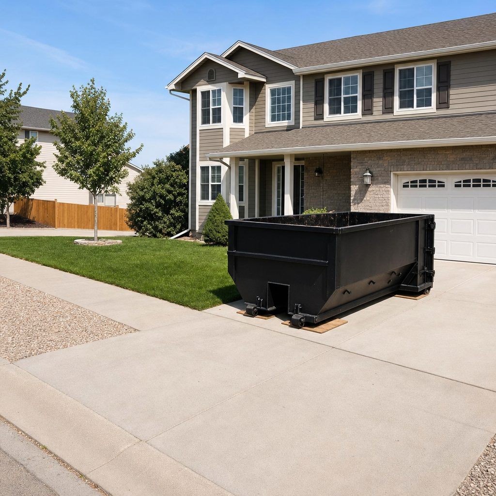 10-yard matte-black residential dumpster placed directly on a narrow Littlerock concrete driveway, room remains for a parked sedan beside it, mid-morning natural light