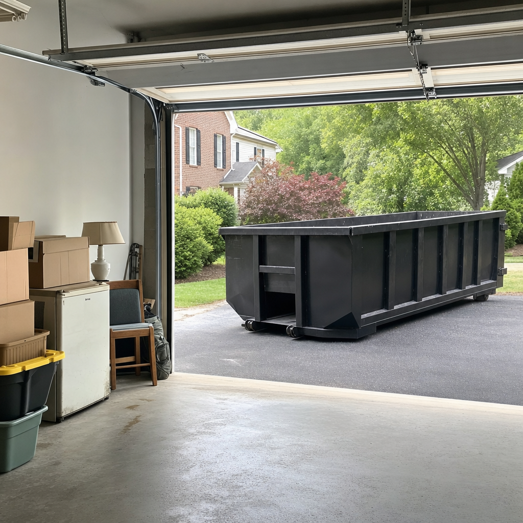 Open garage interior in a Littlerock home mid-cleanout — boxed items, an old appliance, and stacked yard tools queued near the driveway for a matte-black roll-off dumpster, organized and calm