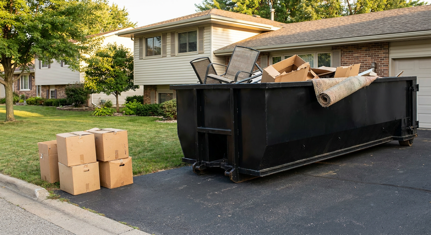 Front-yard view of a Littlerock split-level home with a 20-yard matte-black roll-off dumpster sitting directly on the asphalt driveway, a few clearly labeled donation boxes staged at the curb, calm sunny afternoon.