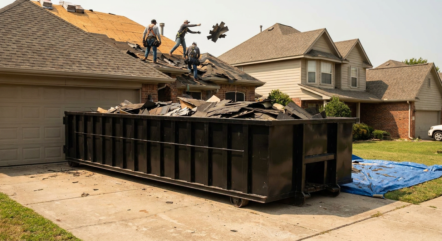 Matte-black roofing roll-off dumpster placed directly on a Littlerock residential concrete driveway, a tear-off crew on a two-story asphalt-shingle roof tossing shingle bundles into the low-walled container, bright daylight, documentary 35mm perspective.