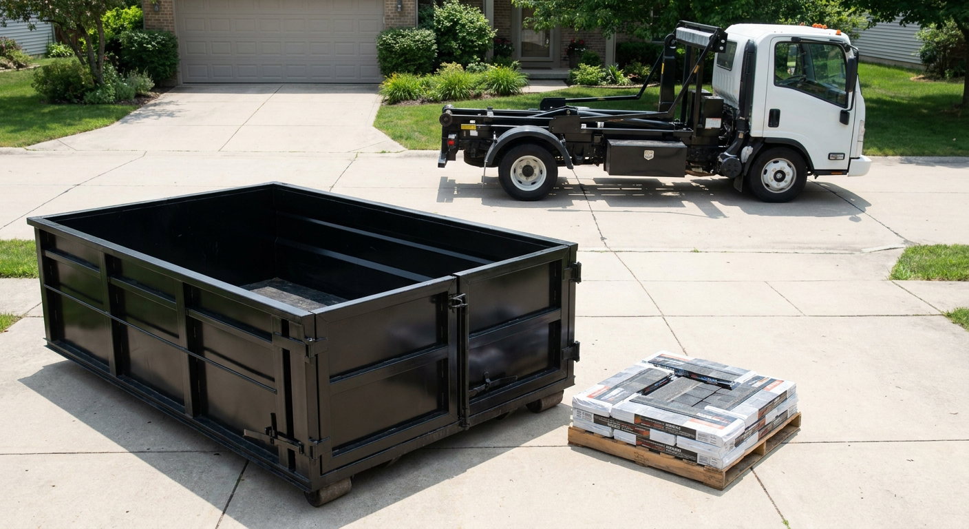 Matte-black 15-yard roofing roll-off dumpster with reinforced low side walls sitting directly on a Littlerock residential concrete driveway, three-tab asphalt shingle bundles stacked nearby, an unmarked white hauler truck partially visible at the edge of the frame.