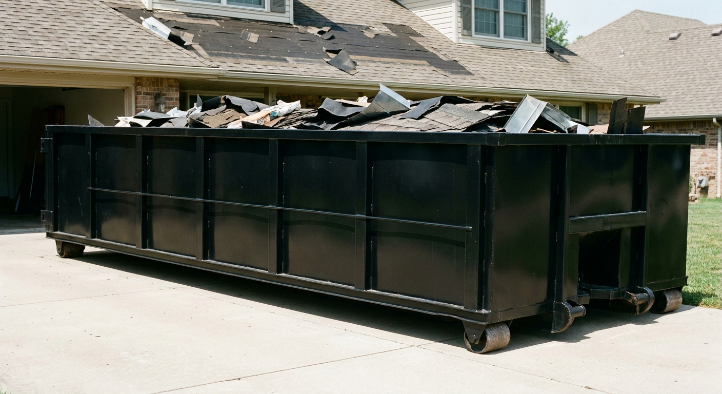 Matte-black 20-yard roofing roll-off dumpster with steel ribbed sides and swinging rear door, sitting directly on the concrete driveway of a two-story Littlerock home, asphalt shingle debris being loaded over the low wall, clean documentary lighting.