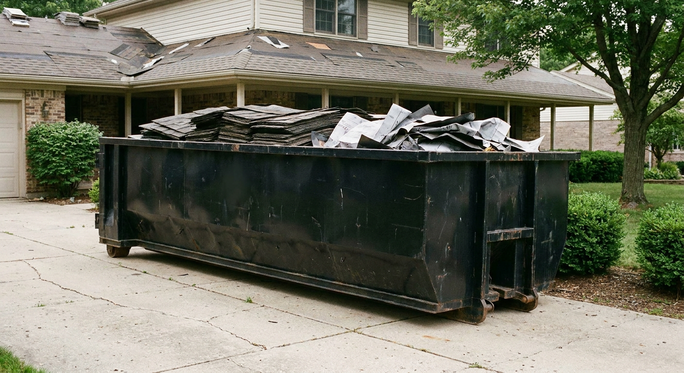 Matte-black 30-yard roofing roll-off dumpster sitting directly on a Littlerock concrete driveway, taller ribbed steel side panels, mixed tear-off debris of asphalt shingles and underlayment inside, professional documentary daylight.