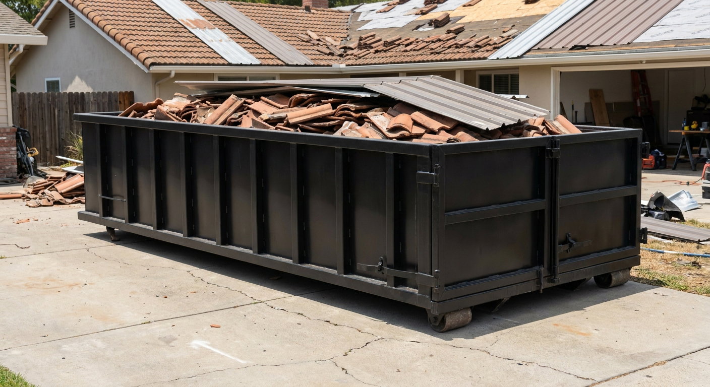 Matte-black low-wall heavy-debris roofing roll-off dumpster sitting directly on a Littlerock concrete driveway, broken concrete clay roof tiles and metal panel sections loaded inside, reinforced ribbed steel side walls visible, bright outdoor daylight.