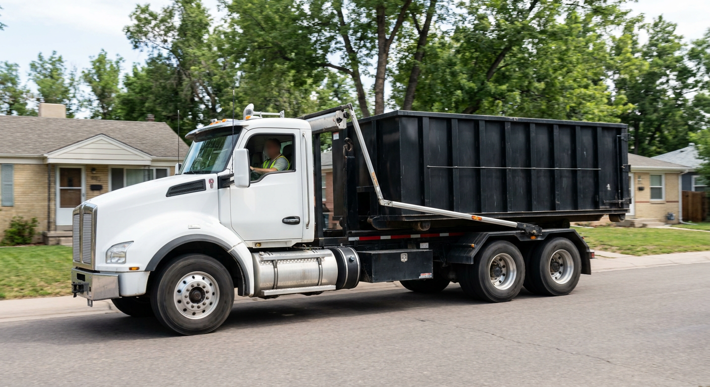 A wide documentary shot of a matte-black roll-off delivery truck pulling onto a quiet Littlerock residential street at mid-morning, with neighborhood rooftops and tree-lined blocks visible behind, showing the metro coverage footprint.