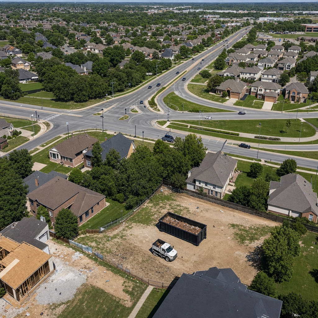 An overhead documentary view of the Littlerock metro area at midday, showing the spread of neighborhoods, arterial roads, and the dispatch radius from a central yard — clean daylight, organized geographic layout.