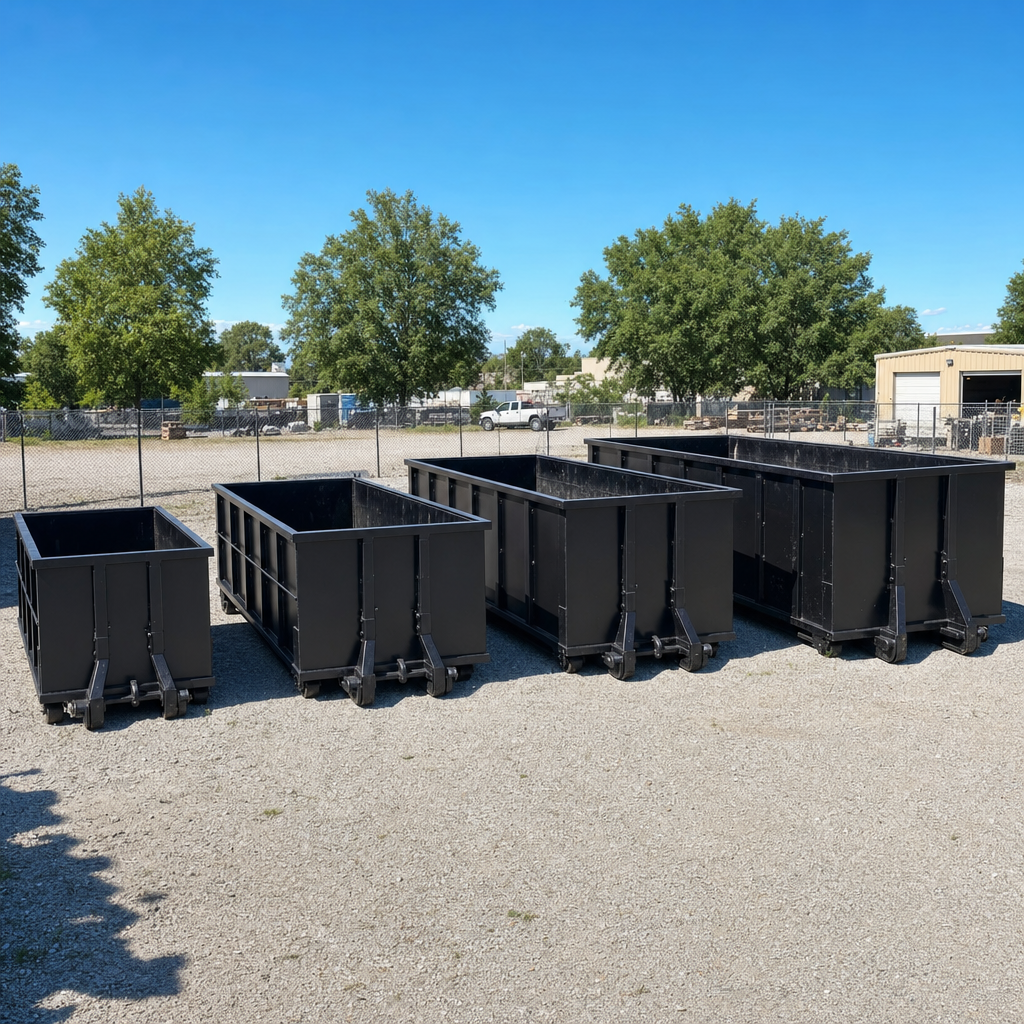 A clean lineup of matte-black roll-off dumpsters in 10, 20, 30, and 40-yard sizes staged on a sunlit gravel yard in Littlerock, showing the size progression from compact to commercial-scale containers.