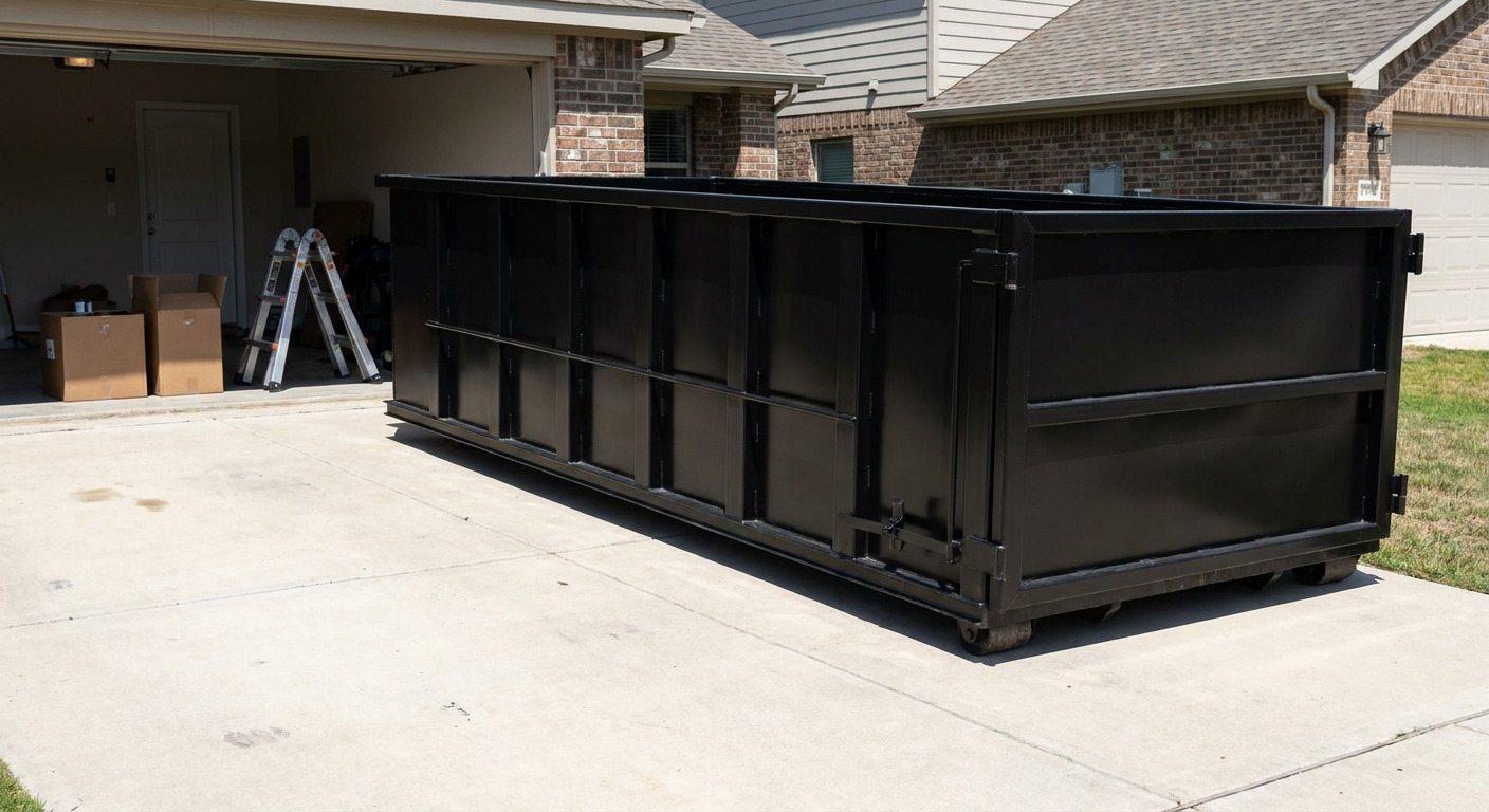 A matte-black 10-yard roll-off dumpster sitting directly on a residential Littlerock concrete driveway, mid-day sunlight, clean and ready for a garage cleanout.