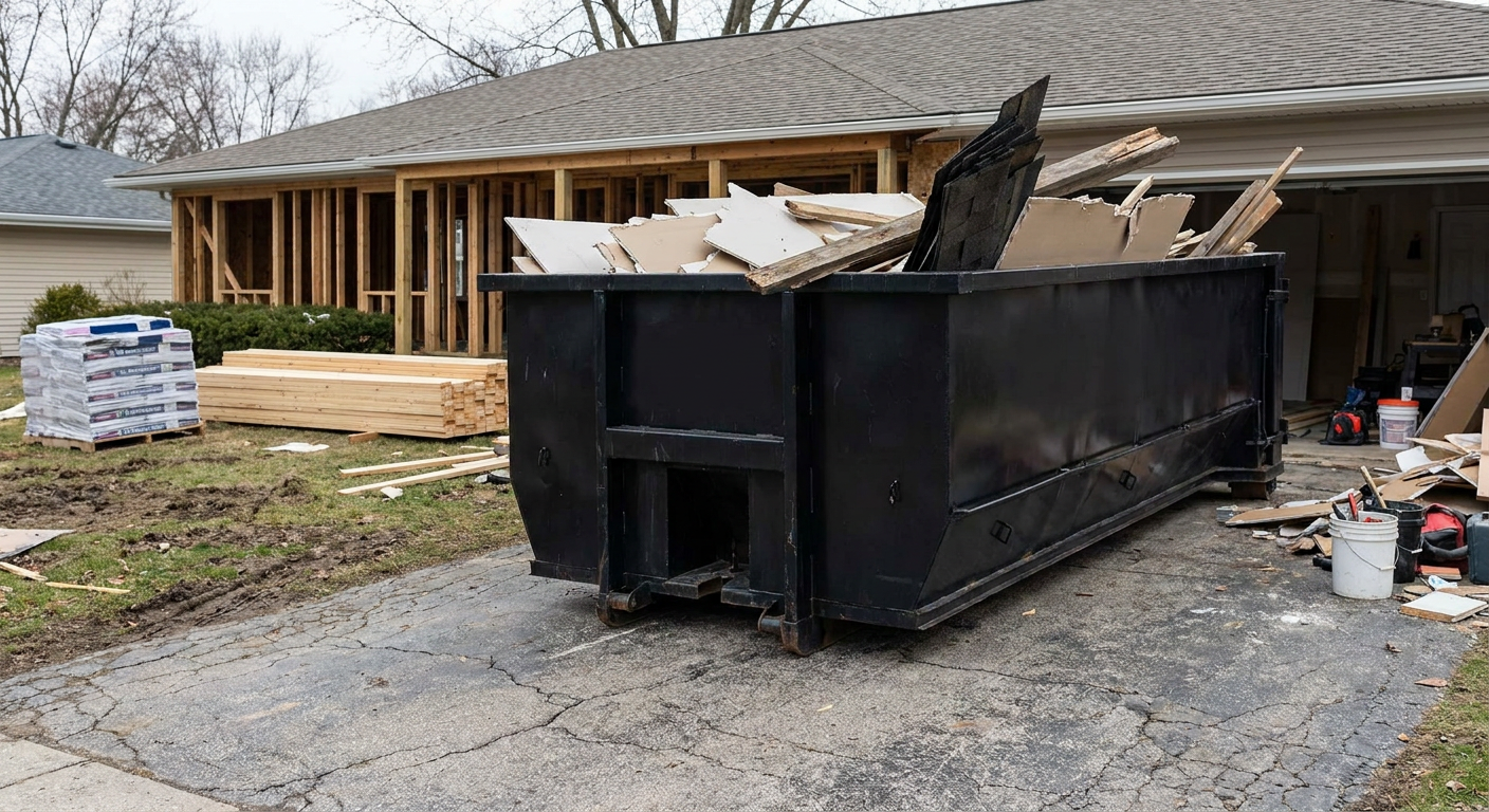 A matte-black 20-yard roll-off dumpster placed alongside a mid-renovation Littlerock home directly on the asphalt driveway, with framing materials and torn-off shingles staged neatly nearby.