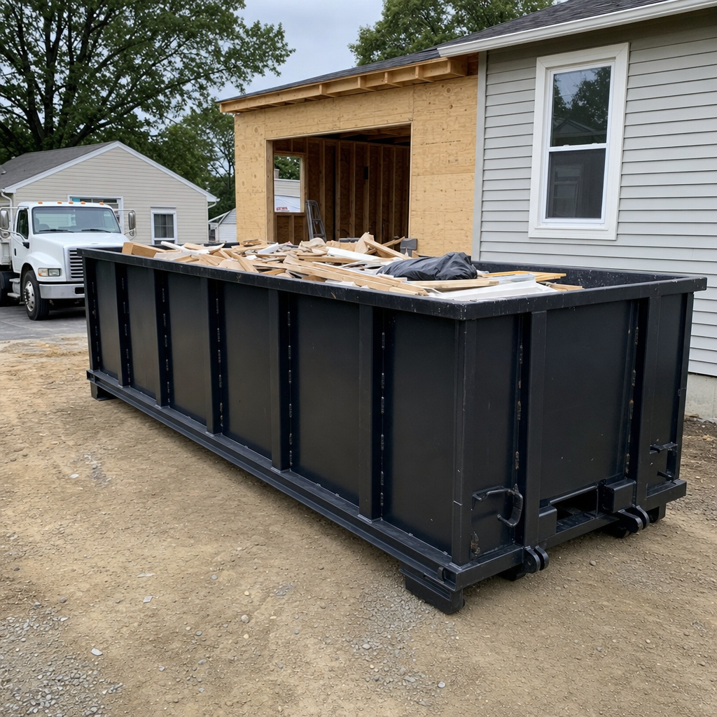 A matte-black 30-yard roll-off dumpster positioned at a Littlerock residential addition jobsite, with framing lumber and drywall scraps loaded through the open swinging rear doors.