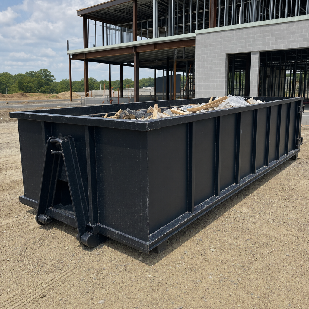A matte-black 40-yard roll-off dumpster staged on a large Littlerock commercial construction lot, with a hooklift delivery truck parked alongside under bright midday sky.