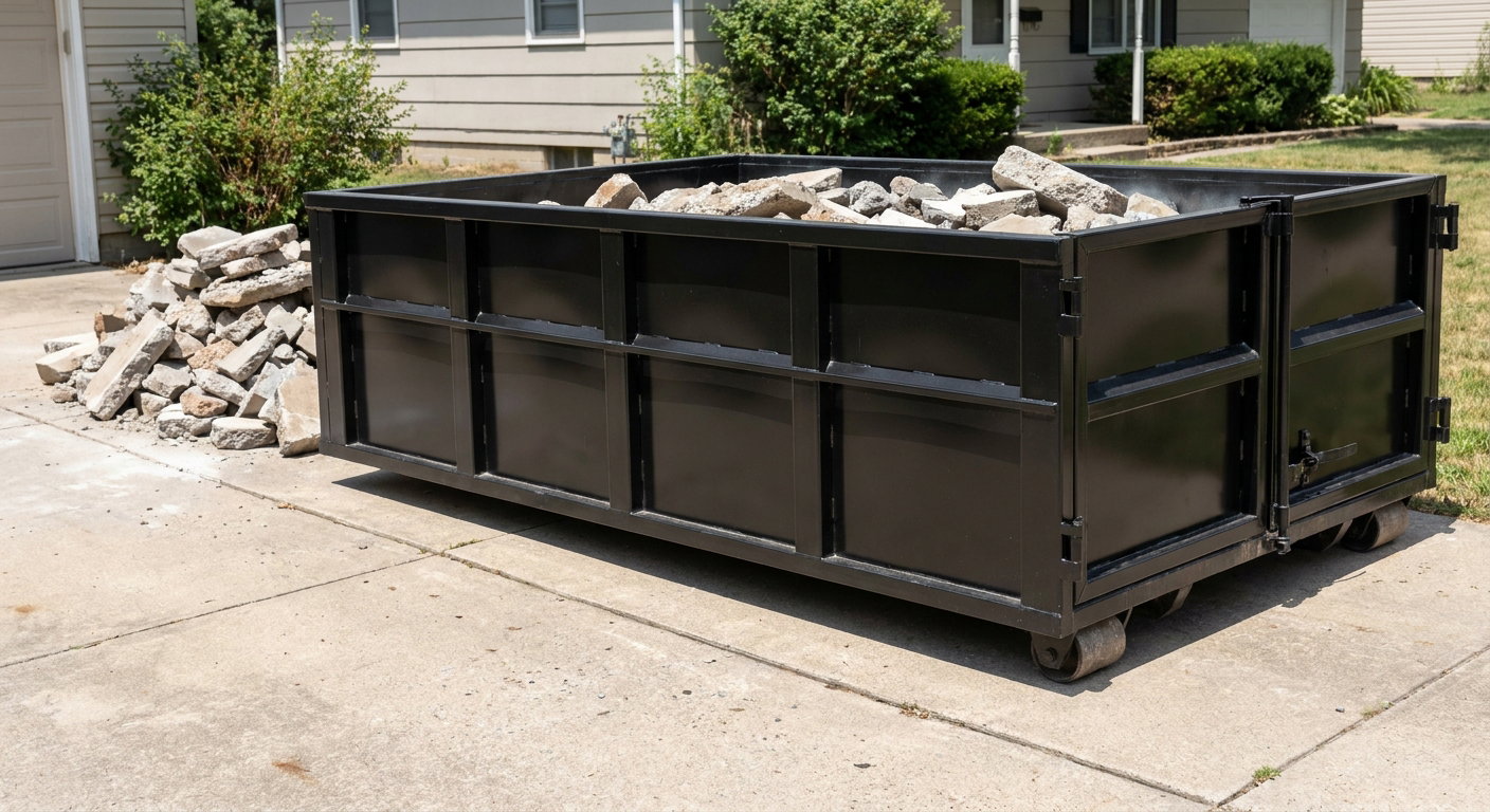 A matte-black low-side heavy-debris roll-off dumpster placed directly on a Littlerock concrete driveway, with broken concrete chunks neatly stacked beside it under clean daylight.